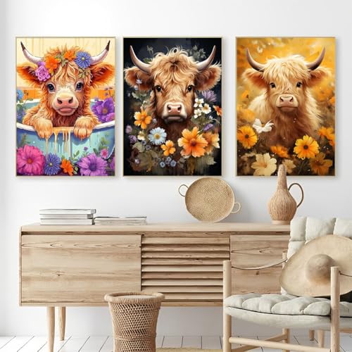 OFRKE Diamond Painting Kits for Adults,3 Pack Highland Cow Diamond Art for Beginners, Diamond Round 5D Full Drill Paint with Diamonds Pictures Gem Art Painting Kits DIY Crafts Kits 12x16inch - Image 2
