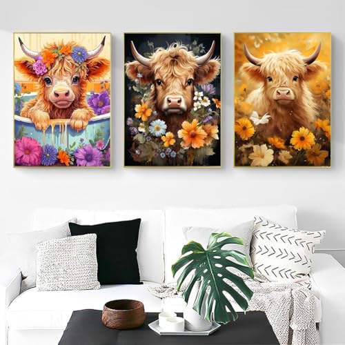 OFRKE Diamond Painting Kits for Adults,3 Pack Highland Cow Diamond Art for Beginners, Diamond Round 5D Full Drill Paint with Diamonds Pictures Gem Art Painting Kits DIY Crafts Kits 12x16inch - Image 4