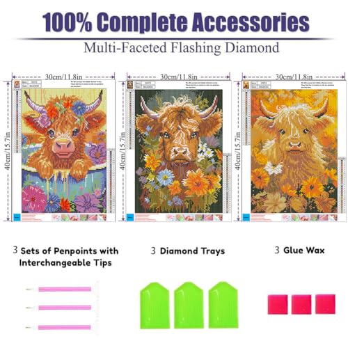 OFRKE Diamond Painting Kits for Adults,3 Pack Highland Cow Diamond Art for Beginners, Diamond Round 5D Full Drill Paint with Diamonds Pictures Gem Art Painting Kits DIY Crafts Kits 12x16inch - Image 3