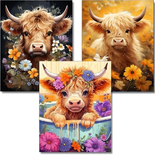 OFRKE Diamond Painting Kits for Adults,3 Pack Highland Cow Diamond Art for Beginners, Diamond Round 5D Full Drill Paint with Diamonds Pictures Gem Art Painting Kits DIY Crafts Kits 12x16inch - Image 1
