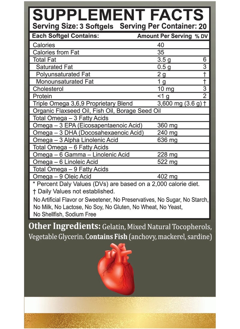 BIOBOLICS  - Triple Omega 3-6-9 3600mg Promote Heart Health - 60 Softgels - Image 1