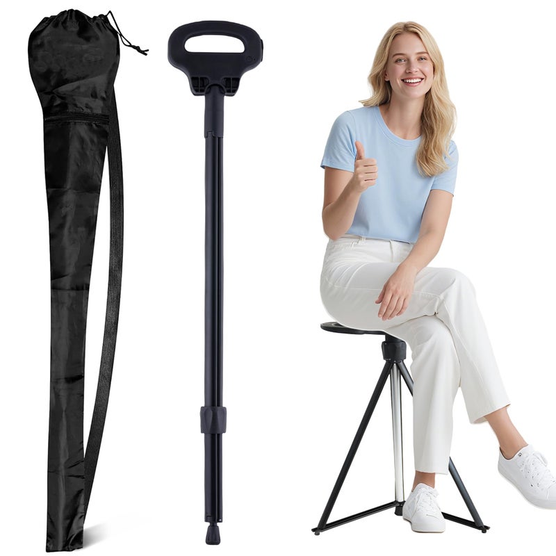 ALEVMOOM Walking Cane with Seat Folding Lightweight, 2-in-1 Cane Stool for Adults, Aluminum Walking Stick with Seat, Stick Chair Portable Stool for Senior-Black 34 in/1.8 LBS - Image 1