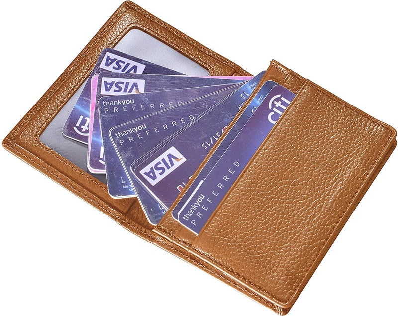 Outrip Genuine Leather Business Card Holder Name Card Case Credit Card Wallet with ID Window RFID Blocking (Brown) - Image 2