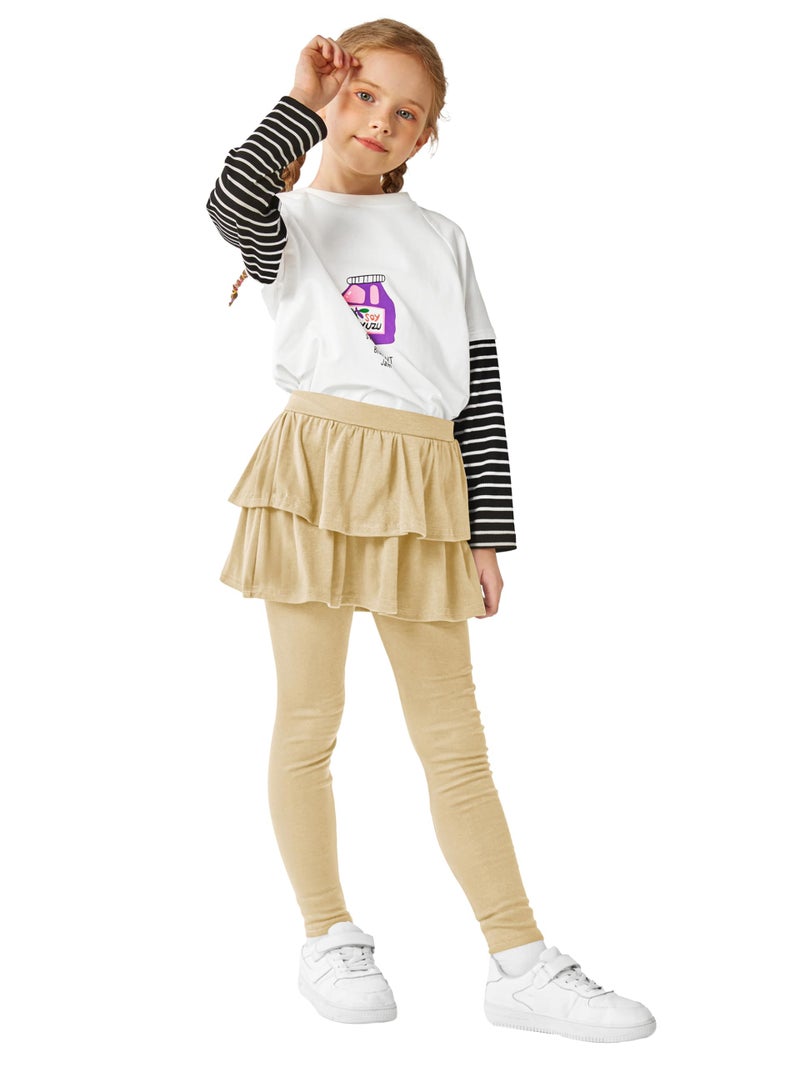 Resinta Girls School Uniform Pants Warm Leggings Stretchy Leggings with Skirt 4-14 Years Khaki - Image 2