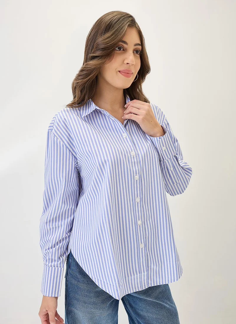 globus Globus Women Cuffed Sleeves Vertical Stripes Curved Hem Workwear Shirt
