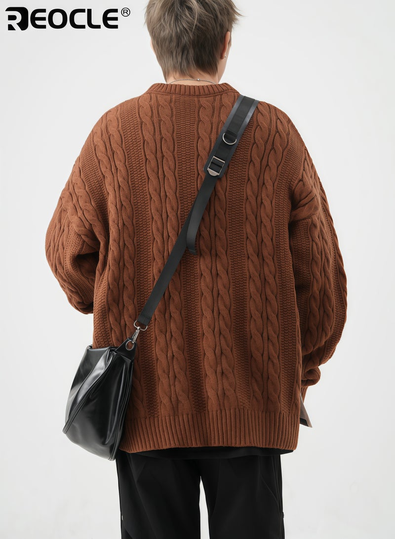 ريوكل بلوفر رجالي كبير الحجم من نسيج الكابل سميك بياقة دائرية بتصميم كلاسيكي محكم بلوزة مريحة وأنيقة للارتداء اليومي وفي الطقس البارد - Image 4