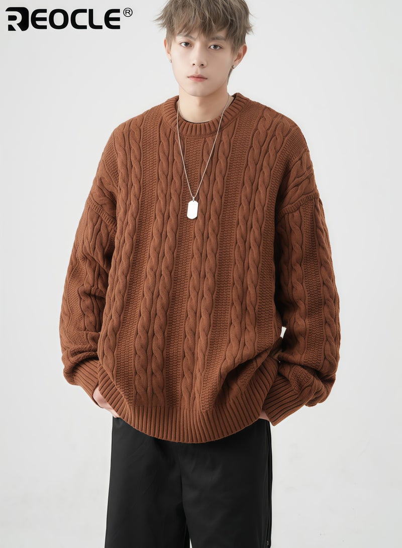 ريوكل بلوفر رجالي كبير الحجم من نسيج الكابل سميك بياقة دائرية بتصميم كلاسيكي محكم بلوزة مريحة وأنيقة للارتداء اليومي وفي الطقس البارد - Image 3