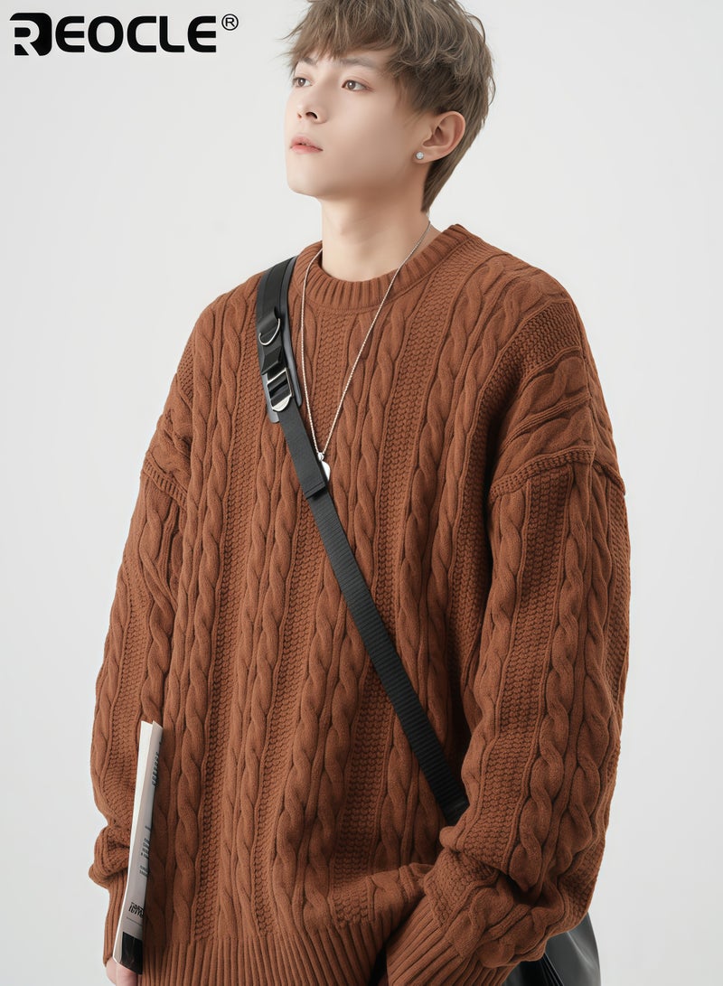 ريوكل بلوفر رجالي كبير الحجم من نسيج الكابل سميك بياقة دائرية بتصميم كلاسيكي محكم بلوزة مريحة وأنيقة للارتداء اليومي وفي الطقس البارد - Image 5