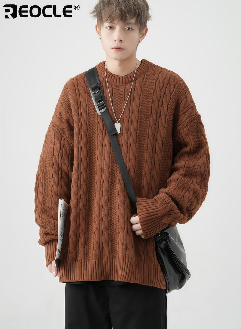 ريوكل بلوفر رجالي كبير الحجم من نسيج الكابل سميك بياقة دائرية بتصميم كلاسيكي محكم بلوزة مريحة وأنيقة للارتداء اليومي وفي الطقس البارد - Image 1