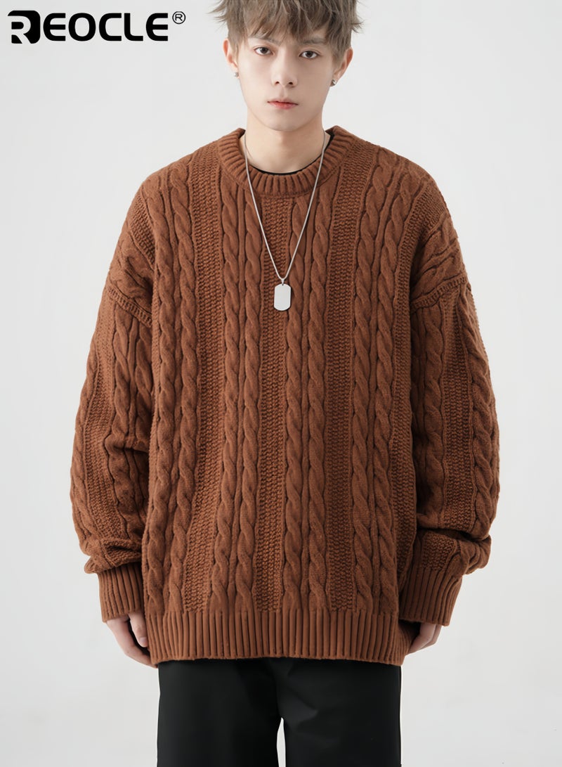 ريوكل بلوفر رجالي كبير الحجم من نسيج الكابل سميك بياقة دائرية بتصميم كلاسيكي محكم بلوزة مريحة وأنيقة للارتداء اليومي وفي الطقس البارد - Image 2