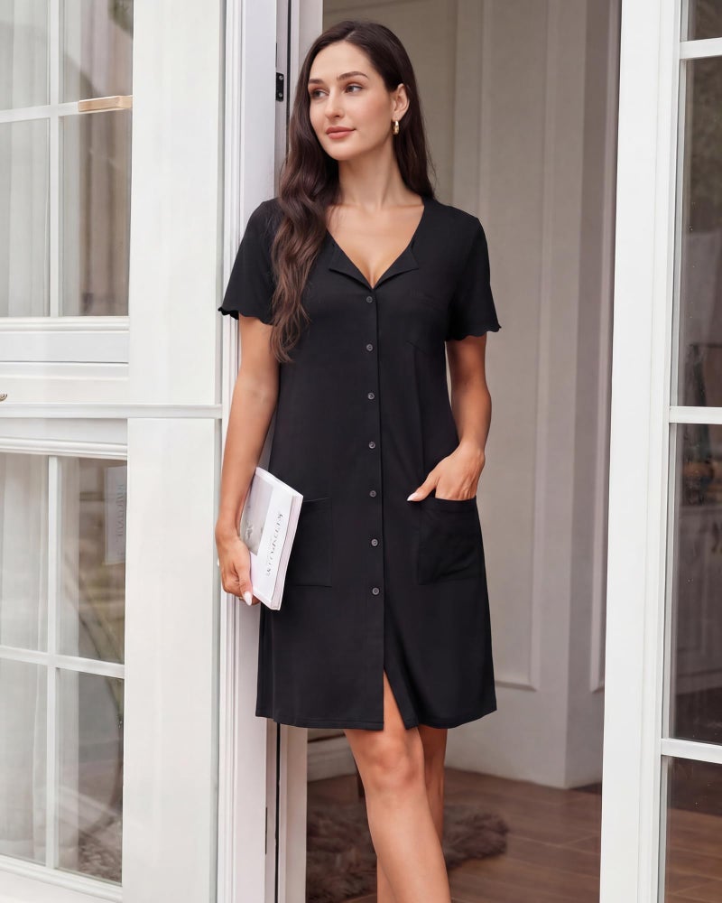 ZOOSIXX Nightgowns for Women - Short Sleeve Sleepwear Button Up Pajamas for Women V-Neck Sleepwear Dress with Pockets Black - Image 3