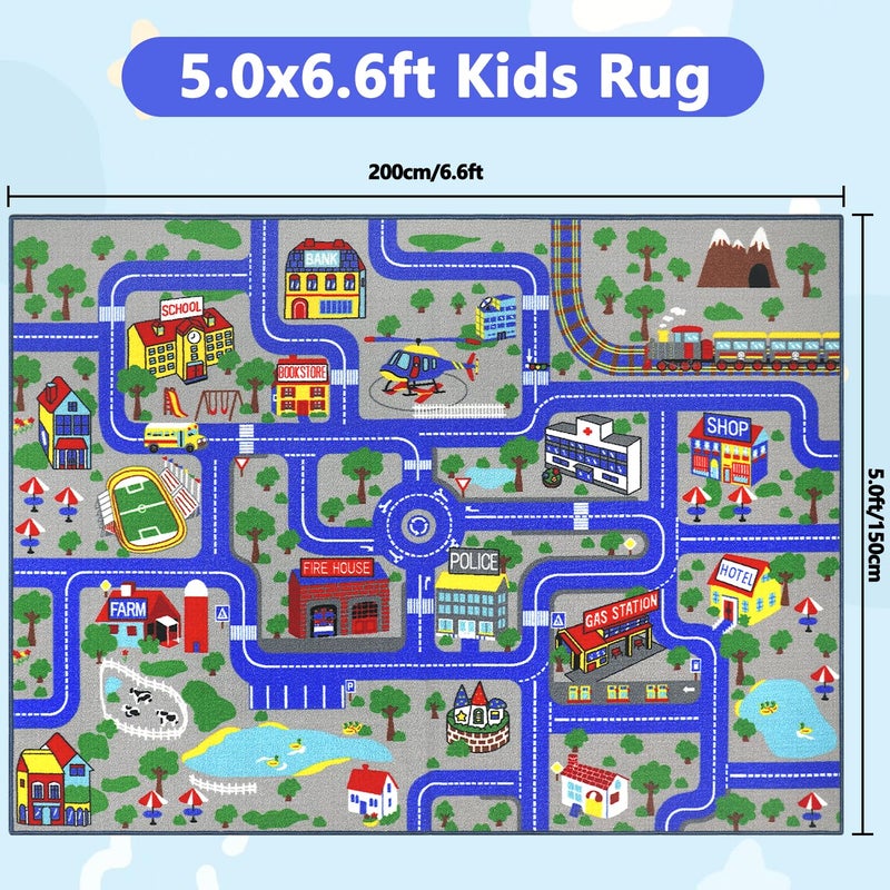 Capslpad Kids Rug Educational Play Rug 6.6' x 5' Traffic Road Kids Play Car Mat Large Learning Play Game Area Rug Kids Carpet for Playroom Living Room Nursery Room Decor, Blue - Image 2