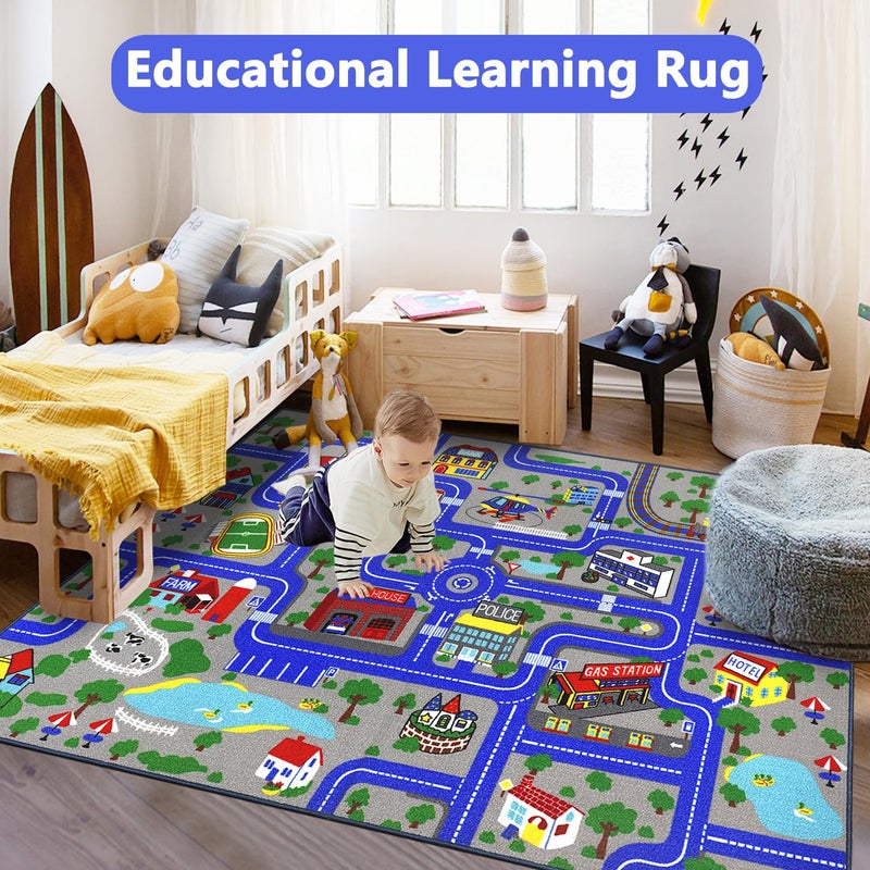 Capslpad Kids Rug Educational Play Rug 6.6' x 5' Traffic Road Kids Play Car Mat Large Learning Play Game Area Rug Kids Carpet for Playroom Living Room Nursery Room Decor, Blue - Image 5