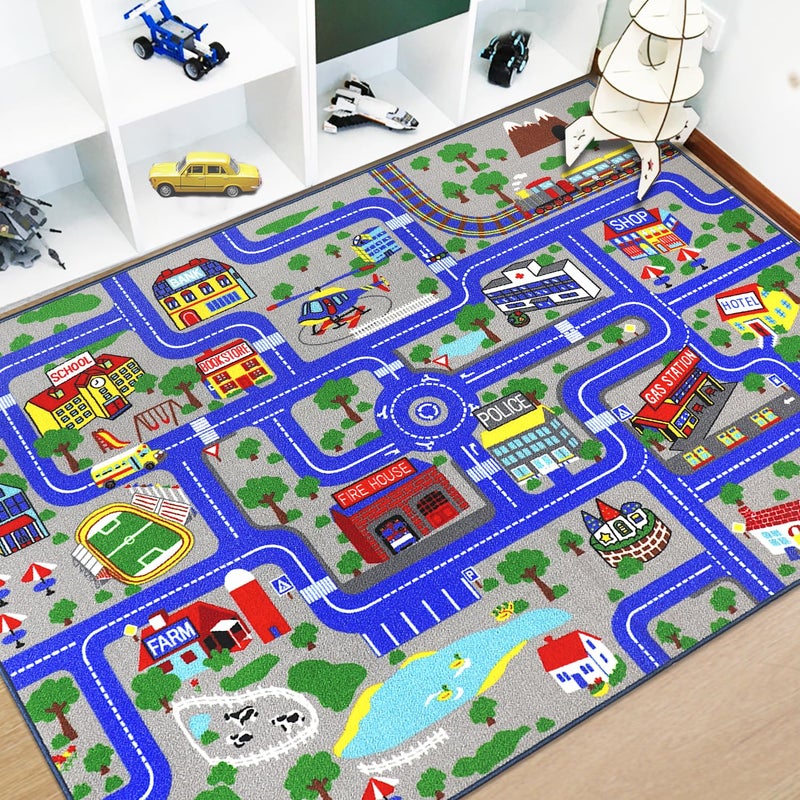 Capslpad Kids Rug Educational Play Rug 6.6' x 5' Traffic Road Kids Play Car Mat Large Learning Play Game Area Rug Kids Carpet for Playroom Living Room Nursery Room Decor, Blue - Image 1