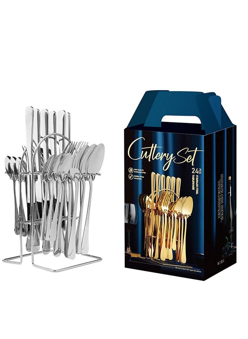 MIXDE 24 Piece Silverware Flatware Set With Stand,Stainless Steel Utensils Service set for 6,Mirror Polished Cutlery Set,Dishwasher Safe Knife Fork Spoon Tableware set,Silver  - Image 1