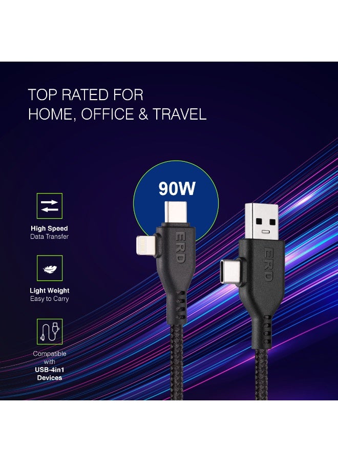 ERD كابل الشحن السريع ERD 4 في 1 | USB-A إلى Type-C | USB-A إلى Lightning | USB-C إلى Type-C و USB-C إلى Lightning | شحن ونقل بيانات عالي السرعة بقدرة 90 واط | كابل متين وخفيف الوزن بطول متر واحد | عمر افتراضي يصل إلى 15000 انحناءة | للهواتف الذكية والأجهزة اللوحية وغيرها - Image 5