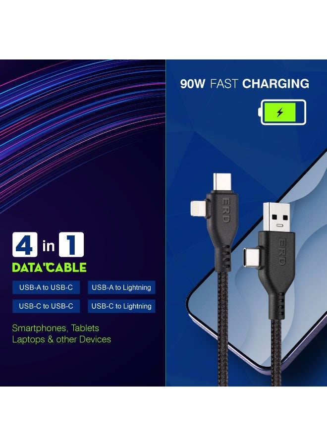 ERD كابل الشحن السريع ERD 4 في 1 | USB-A إلى Type-C | USB-A إلى Lightning | USB-C إلى Type-C و USB-C إلى Lightning | شحن ونقل بيانات عالي السرعة بقدرة 90 واط | كابل متين وخفيف الوزن بطول متر واحد | عمر افتراضي يصل إلى 15000 انحناءة | للهواتف الذكية والأجهزة اللوحية وغيرها - Image 1