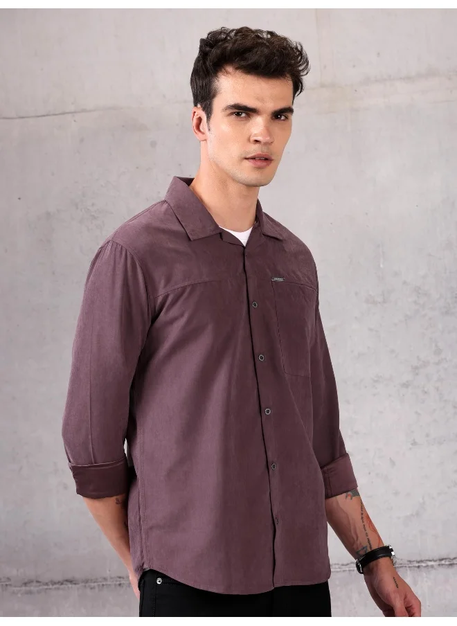 Beyoung Plum Wine Solid Suede Urban Shirt for Men