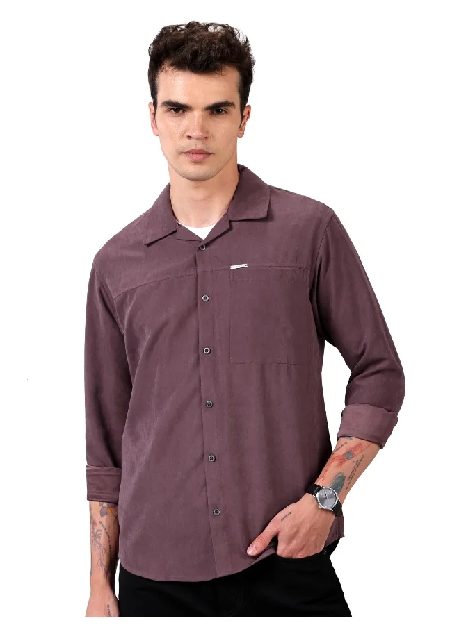 Beyoung Plum Wine Solid Suede Urban Shirt for Men