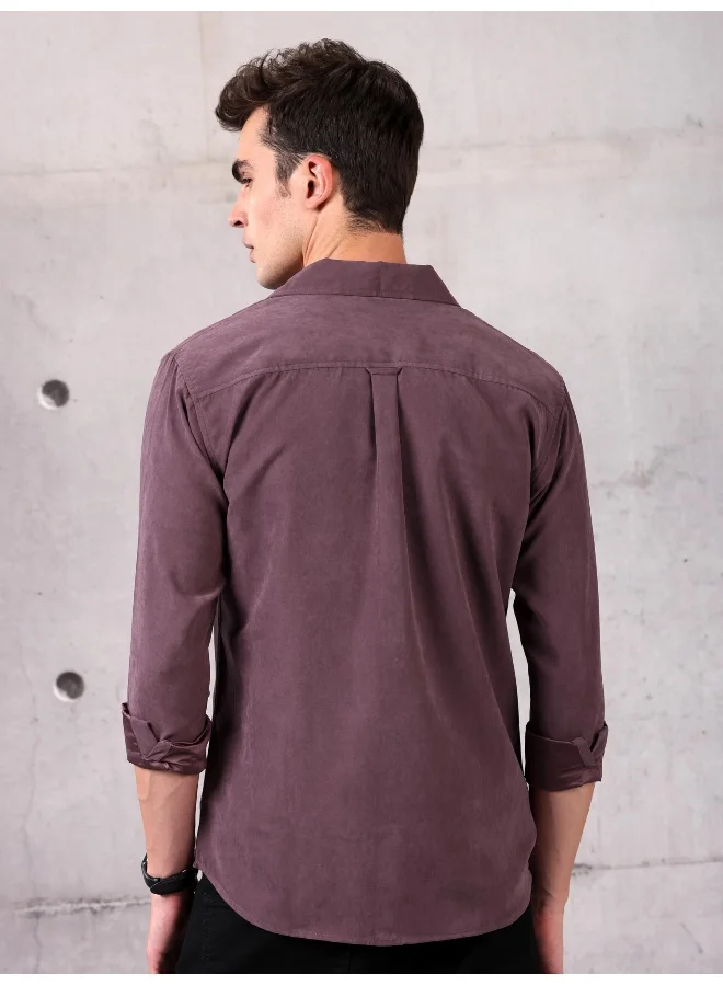 Beyoung Plum Wine Solid Suede Urban Shirt for Men