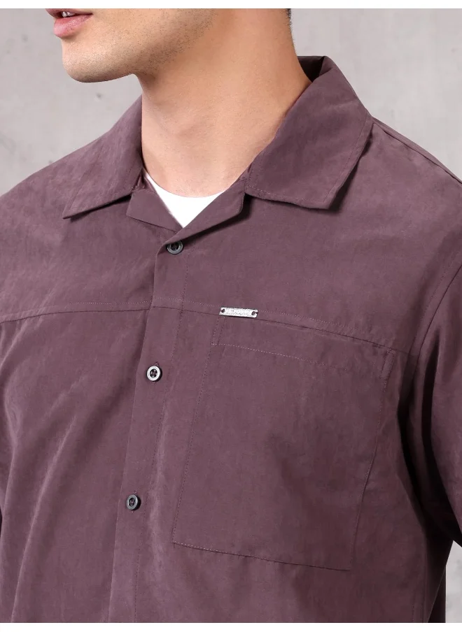 Beyoung Plum Wine Solid Suede Urban Shirt for Men