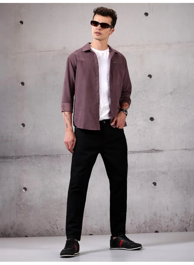 Beyoung Plum Wine Solid Suede Urban Shirt for Men