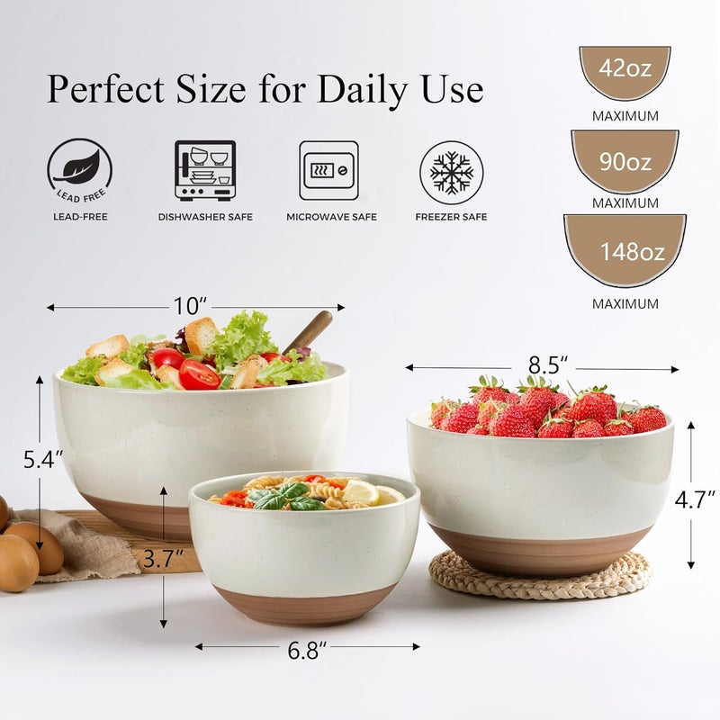 AmorArc Ceramic Mixing Bowls|Nesting Bowls Set of 3|Stoneware Serving Bowls with Rustic Terracotta Underside for Mixing,Cooking,Baking,Salad,Soup| Microwave & Dishwasher Safe 4.6/2.8/1.3 Qt（3pcs - Image 2