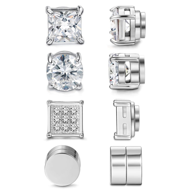 أقراط ستود مغناطيسية من الفولاذ المقاوم للصدأ Jstyle 4 أزواج للرجال والنساء بلون فضي CZ مجموعة أقراط غير مثقوبة بمشبك 6-8 مم