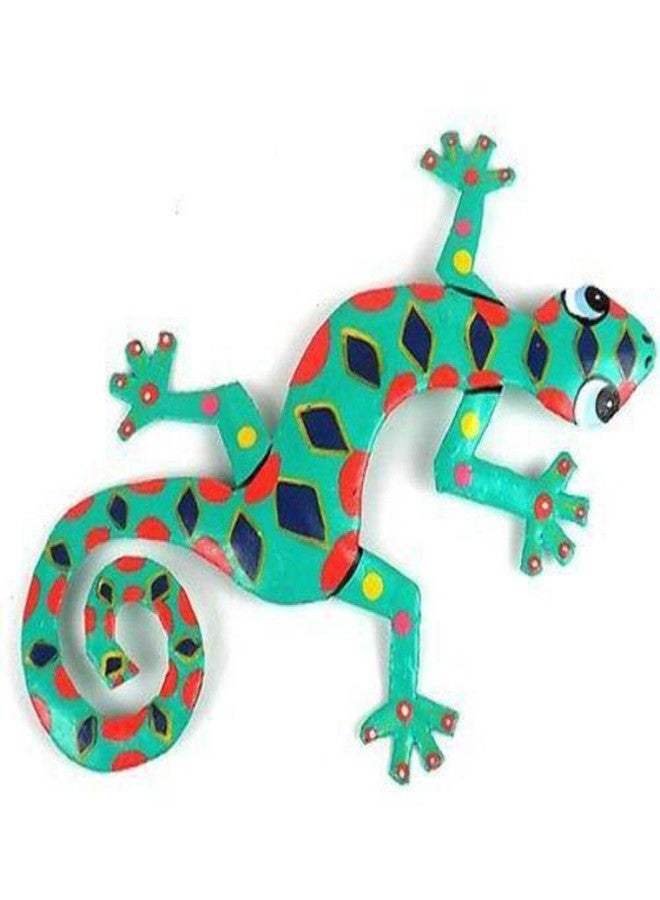 Global Crafts - Painted Gecko Metal Wall Art - 8" Blue Green Spotted Recycled Haitian Decor - Image 1