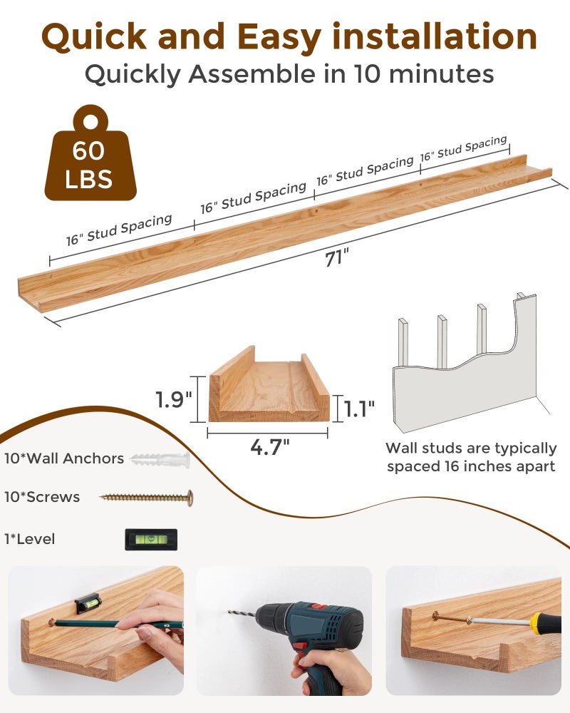 Axeman Oak Picture Ledge Shelf, 72 Inch Floating Shelves Set of 2, Solid Oak Wood Wall Shelves with Lip, Wall Decor Storage for Bedroom Living Room Bathroom Kitchen Nursery Photo Picture, Natural Oak - Image 4