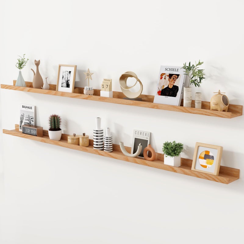 Axeman Oak Picture Ledge Shelf, 72 Inch Floating Shelves Set of 2, Solid Oak Wood Wall Shelves with Lip, Wall Decor Storage for Bedroom Living Room Bathroom Kitchen Nursery Photo Picture, Natural Oak - Image 1