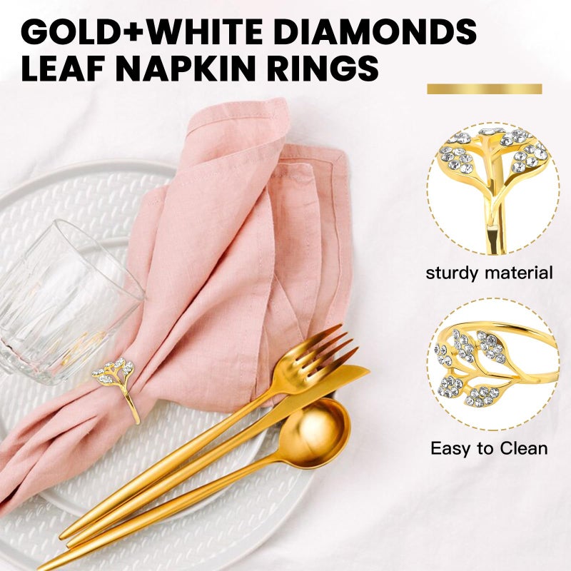 10Pcs Gold Alloy Leaf Napkin Rings with White Rhinestones - Image 4