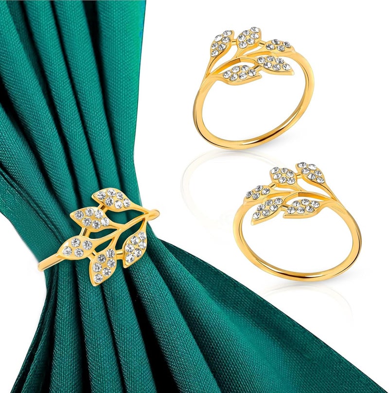 10Pcs Gold Alloy Leaf Napkin Rings with White Rhinestones - Image 1