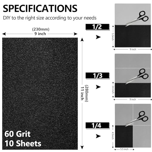 Shineboc 60 Grit Sandpaper, 9 x 11 Inch Wet Dry Sand Paper Hand Abrasive Sanding Sheets for Wood Metal Automotive Sanding and Polishing, Coarse - 10 Sheets - Image 2