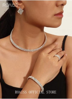 roaiss 4 Pcs Rhinestone Choker Bracelet Ring Earrings Studs Set Double Row Round Diamond Collar Necklace Bridal Evening Dress Accessories for Women Silver/Clear  - Image 1