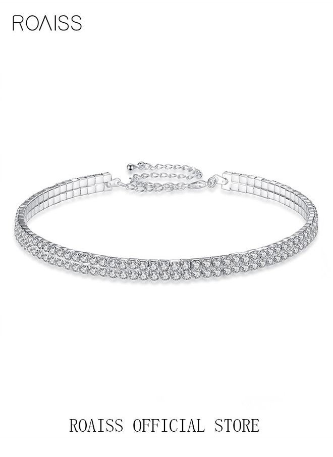 roaiss - 4 Pcs Rhinestone Choker Bracelet Ring Earrings Studs Set Double Row Round Diamond Collar Necklace Bridal Evening Dress Accessories for Women Silver/Clear - Image 1