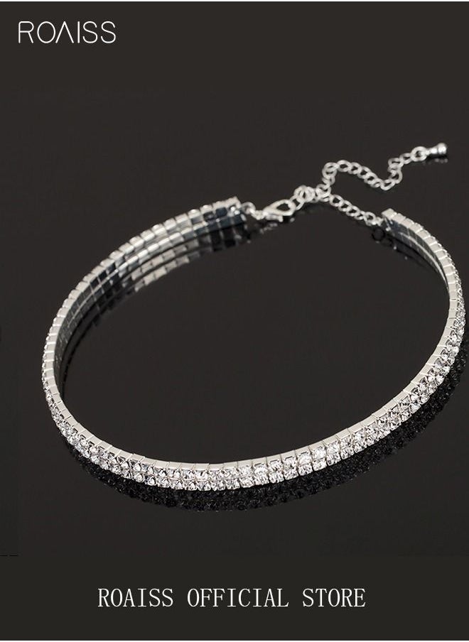 roaiss - 4 Pcs Rhinestone Choker Bracelet Ring Earrings Studs Set Double Row Round Diamond Collar Necklace Bridal Evening Dress Accessories for Women Silver/Clear - Image 1