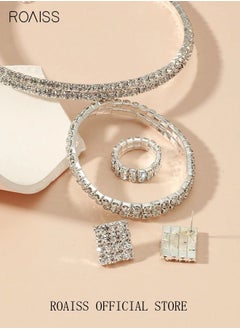 roaiss 4 Pcs Rhinestone Choker Bracelet Ring Earrings Studs Set Double Row Round Diamond Collar Necklace Bridal Evening Dress Accessories for Women Silver/Clear  - Image 3