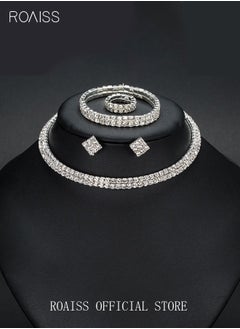 roaiss 4 Pcs Rhinestone Choker Bracelet Ring Earrings Studs Set Double Row Round Diamond Collar Necklace Bridal Evening Dress Accessories for Women Silver/Clear  - Image 4