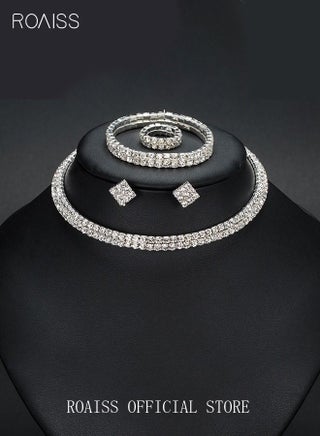 4 PCS Rhinestone Choker Bracelet Ring Earrings Studs Set Double Row Round Diamond Collar Necklace Bridal Evening Dress Accessories for Women Simple and Elegant Jewelry Set for Parties and Evening Banquets Silver - view 4
