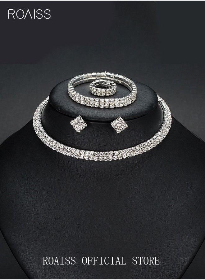 roaiss - 4 Pcs Rhinestone Choker Bracelet Ring Earrings Studs Set Double Row Round Diamond Collar Necklace Bridal Evening Dress Accessories for Women Silver/Clear - Image 1