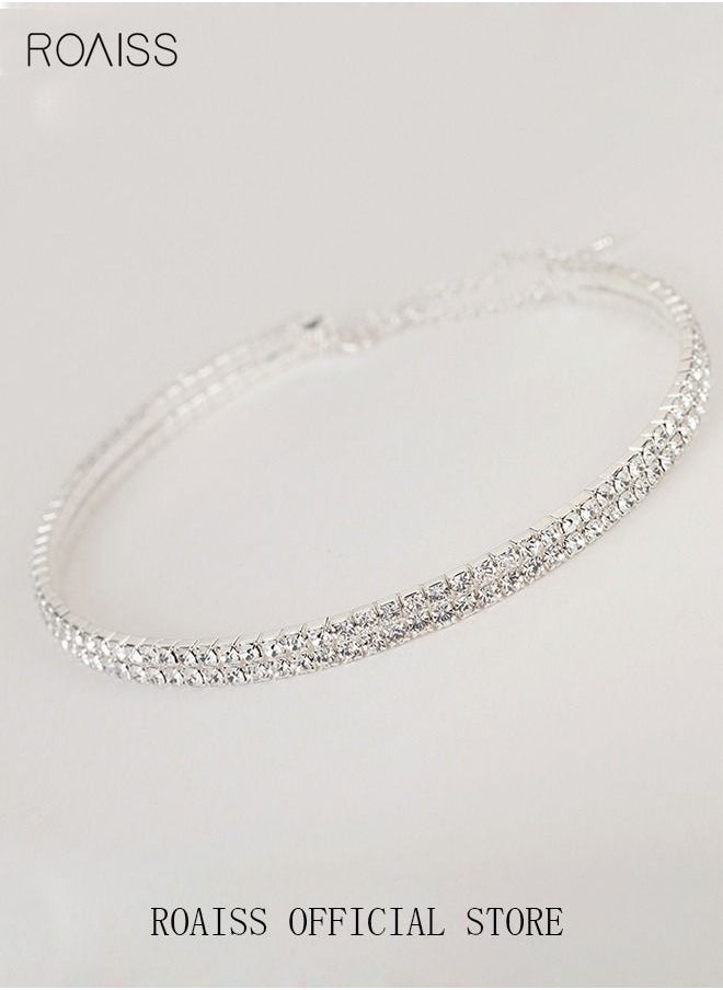 roaiss - 4 Pcs Rhinestone Choker Bracelet Ring Earrings Studs Set Double Row Round Diamond Collar Necklace Bridal Evening Dress Accessories for Women Silver/Clear - Image 1