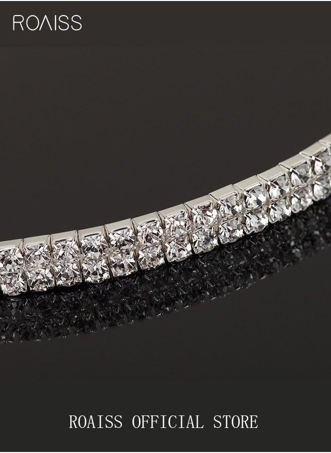 roaiss - 4 Pcs Rhinestone Choker Bracelet Ring Earrings Studs Set Double Row Round Diamond Collar Necklace Bridal Evening Dress Accessories for Women Silver/Clear - Image 1