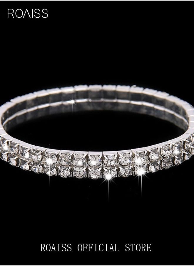 roaiss - 4 Pcs Rhinestone Choker Bracelet Ring Earrings Studs Set Double Row Round Diamond Collar Necklace Bridal Evening Dress Accessories for Women Silver/Clear - Image 1