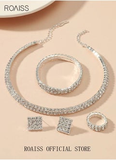 roaiss 4 Pcs Rhinestone Choker Bracelet Ring Earrings Studs Set Double Row Round Diamond Collar Necklace Bridal Evening Dress Accessories for Women Silver/Clear  - Image 2