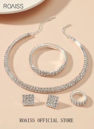 4 PCS Rhinestone Choker Bracelet Ring Earrings Studs Set Double Row Round Diamond Collar Necklace Bridal Evening Dress Accessories for Women Simple and Elegant Jewelry Set for Parties and Evening Banquets Silver - view 2