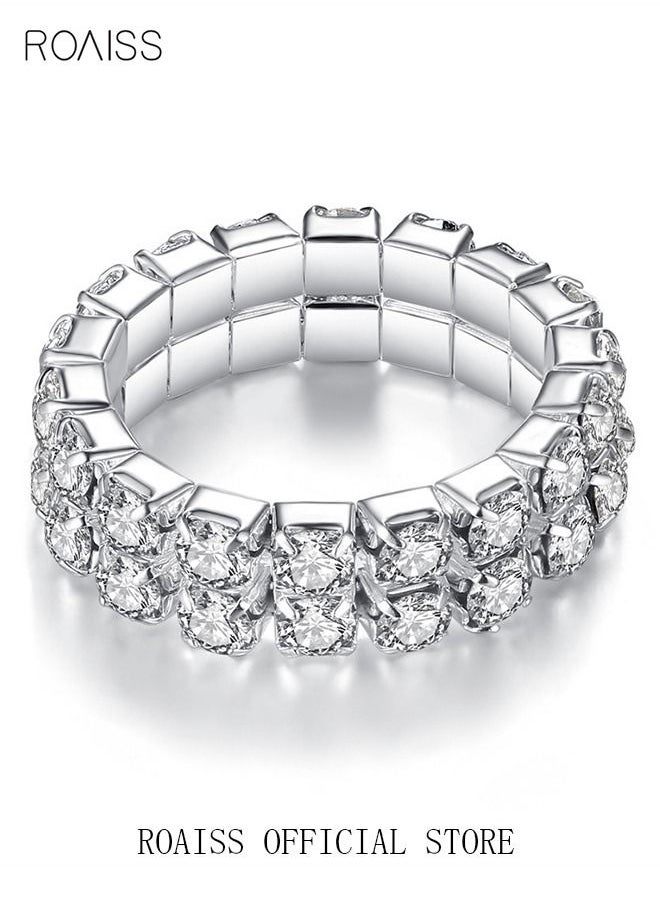 roaiss - 4 Pcs Rhinestone Choker Bracelet Ring Earrings Studs Set Double Row Round Diamond Collar Necklace Bridal Evening Dress Accessories for Women Silver/Clear - Image 1