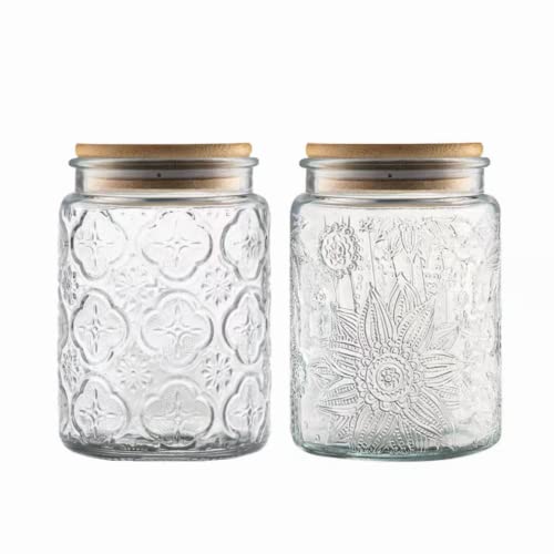 ANSQU Vintage Glass Jars Set Canister Airtight Storage Jar Container with Bamboo Wooden Lids for Kitchen Counter, Pantry, Coffee, Tea, Sugar, Cute Jar, 2 Pack 23.7 FL OZ (Begonia & Sunflower) - Image 1