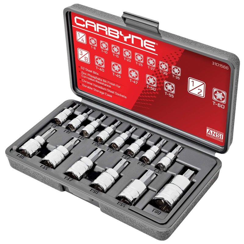 CARBYNE 14-Piece Torx Bit Socket Set, T8 to T60 Sizes, S2 Steel Bits, Cr-V Sockets, Durable Case | 1/4, 3/8, & 1/2 in. Drive â€¢ From a Family-Run Tool Company Based in the U.S.A.