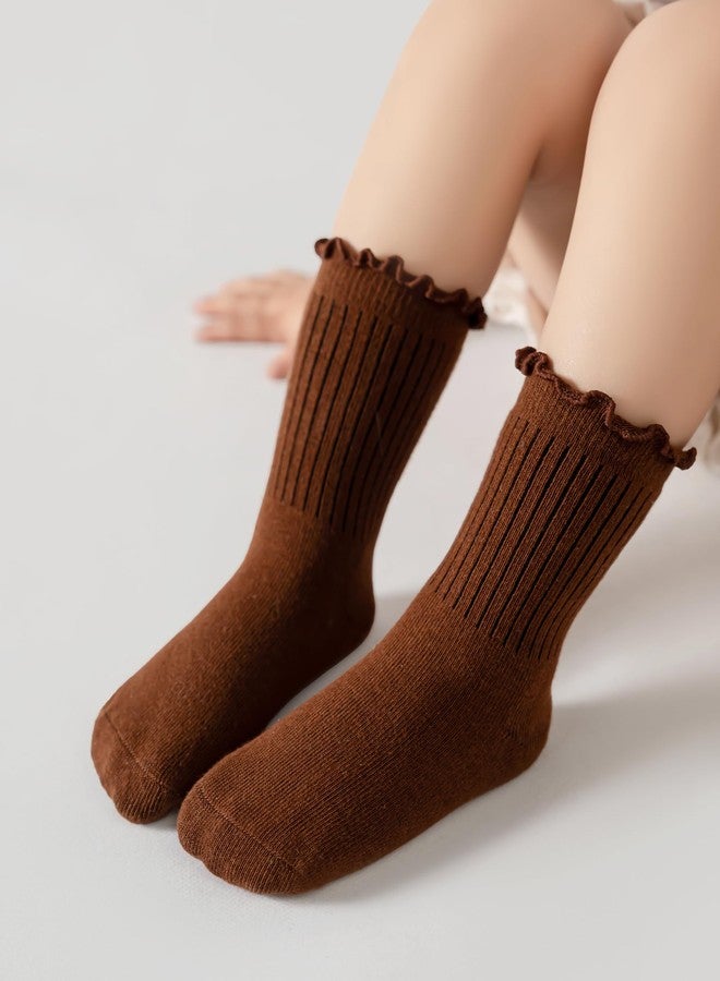 Funjoon 6M-5T Baby Toddler Little Girls Cute Ruffle Socks Cotton Toddler White Frilly Dress Kids Crew Socks 5 Pack, Brown Mix 3-5T - Image 3